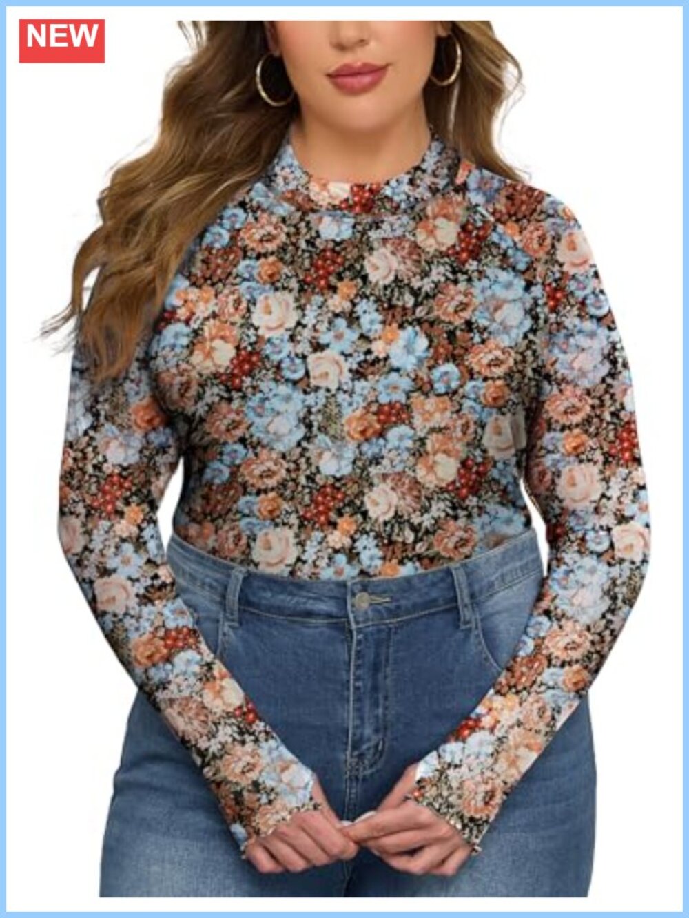 Plus Size Floral Mesh Mock Neck Long Sleeve Sheer Top Thumbhole
